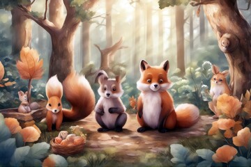 Fototapeta premium 'bear fox woodland squirrel bunny illustration animals watercolor baby timberland animal rabbit hedgehog tree pine acorn foliage leaf shower children childcare center decor birthday invitation frame'