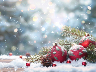 cristmas tree with full of christmas decoration, snow background -  ai
