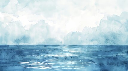 Minimalistic watercolor seascape showing the endless ocean meeting a clear sky, the scene bathed in soft sunlight