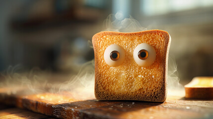Collection of slice of breads with googly eyes on a toasted side, looking stylish and sophisticated