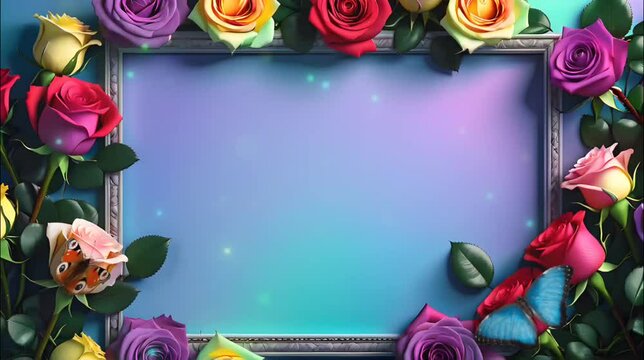 Roses frame with butterflies. Seamless looping time-lapse 4k video animation background