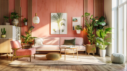 A living room with a pink wall and a green plant on the wall. The room has a modern and stylish look with a lot of greenery