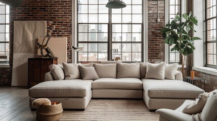 A large sectional sofa is the centerpiece of a living room with a view of the city. The room is furnished with a few chairs and a potted plant. The atmosphere is cozy and inviting