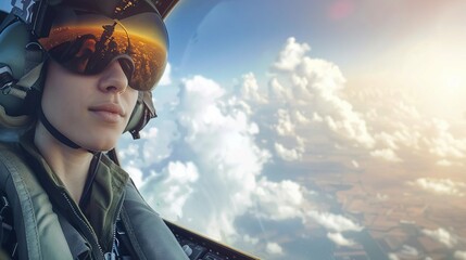 Military fighter jet woman pilot portrait, copyspace
