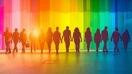 People walking away on Rainbow background.