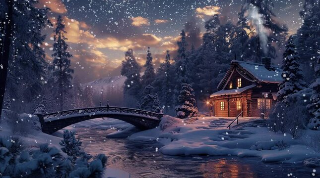 Tranquil winter night: Wooden bridge over a gentle river, leading to a cozy wooden house nestled in a pine forest. SereneSeamless looping 4k time-lapse virtual video animation background. Generated AI