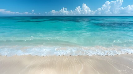 Obraz premium A tranquil paradise features a beautiful beach with sunlit skies and crystal clear blue waters. The white sand complements the shining sun, which creates a sparkling dance of light on the turquoise