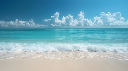 A tranquil paradise features a beautiful beach with sunlit skies and crystal clear blue waters. The white sand complements the shining sun, which creates a sparkling dance of light on the turquoise