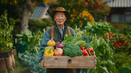 収穫した野菜を持つ男性