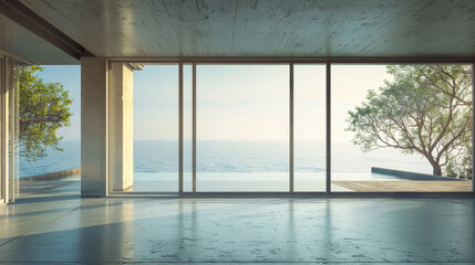 A large open room with a view of the ocean. The room is empty and has a modern feel