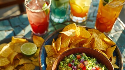 A bowl of chips and guacamole on a coffee table accompanied by a variety of nonalcoholic beverages including juice soda and mocktails.