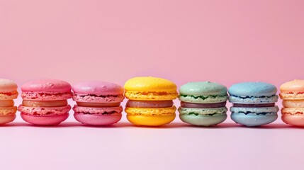 colorful macarons, light in a pink background