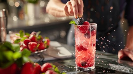 A person uses a muddler to crush fresh berries for a refreshing mocktail.