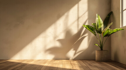 A large plant sits in a pot in a room with a white wall. The plant casts a shadow on the wall, creating a sense of depth and dimension in the space. The room is empty, with no furniture or decorations