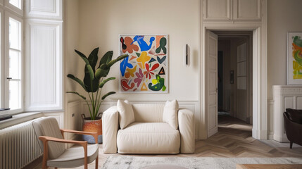 A living room with a white couch and a colorful painting on the wall. The room has a modern and artistic feel to it