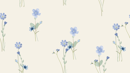 Floral seamless pattern, assorted blue wildflowers on brown background