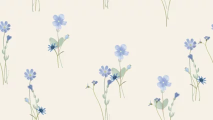 Fototapeten Floral seamless pattern, assorted blue wildflowers on brown background © momosama