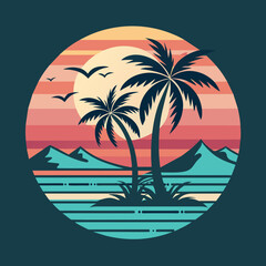 tropical island with palm trees, beach with palm trees vintage vector illustration with white background
