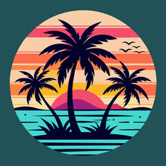 tropical island with palm trees, beach with palm trees vintage vector illustration with white background