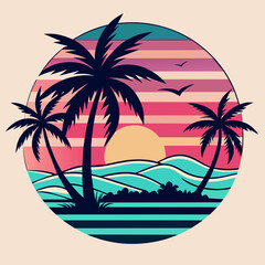 tropical island with palm trees, beach with palm trees vintage vector illustration with white background