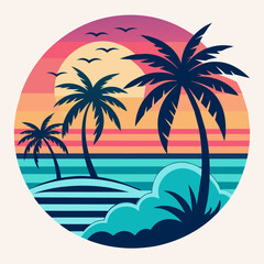 tropical island with palm trees, beach with palm trees vintage vector illustration with white background