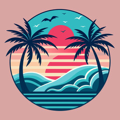 tropical island with palm trees, beach with palm trees vintage vector illustration with white background
