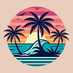 tropical island with palm trees, beach with palm trees vintage vector illustration with white background