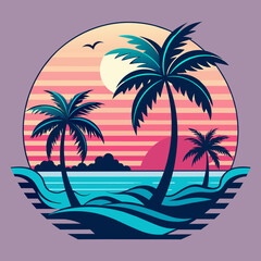 tropical island with palm trees, beach with palm trees vintage vector illustration with white background