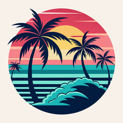 tropical island with palm trees, beach with palm trees vintage vector illustration with white background