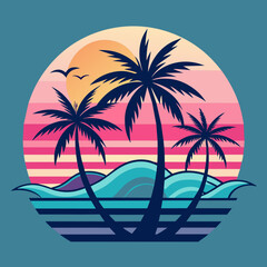 tropical island with palm trees, beach with palm trees vintage vector illustration with white background