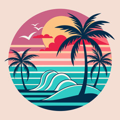 tropical island with palm trees, beach with palm trees vintage vector illustration with white background