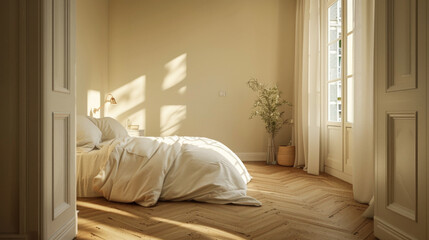 A bedroom with a white bed and a plant in a vase. The room is bright and airy, with sunlight streaming in through the window. Scene is calm and peaceful, with the white bed