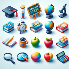 collection of educational 3D icons