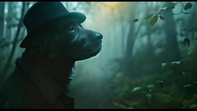 Dog Wearing Hat in Mysterious Foggy Forest with Ai generated.
