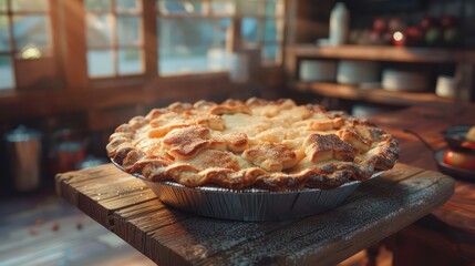 Homemade apple pie at the edge of a square wooden table