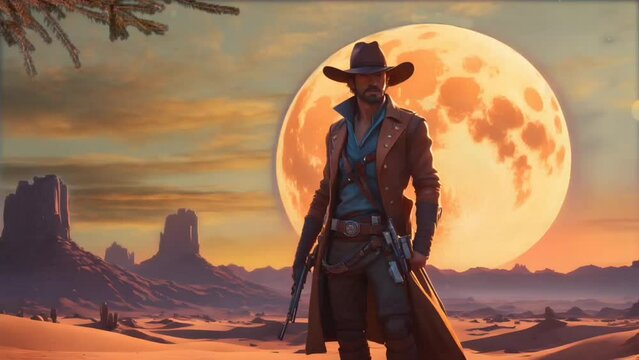 Cowboy in desert on sun background. Seamless looping time-lapse 4k video animation background