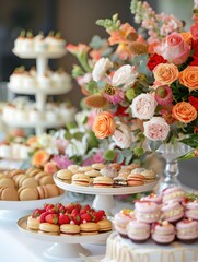 In the hotel scene, a buffet-style dessert table