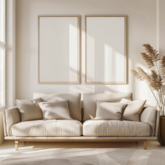 A white couch sits in a room with two empty picture frames on the wall. The room is bright and airy, with a window letting in natural light. A vase with brown flowers sits on a table near the couch