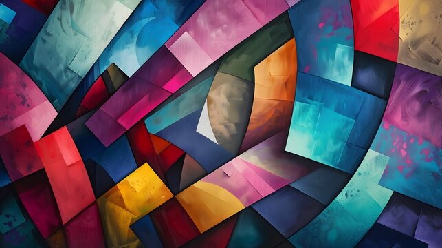 Interlocking Abstract Shapes Form a Vibrant Dreamlike Landscape Merging D and D Perspectives