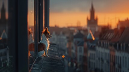 Poignant Moment of Pet Overlooking Urban Twilight
