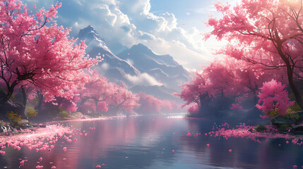 A tranquil arboretum with trees that bear candy fruit under a dreamy cotton candy sky