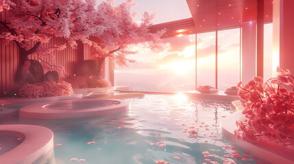 A tranquil spa where the pools are filled with liquid chocolate under a pastel sky