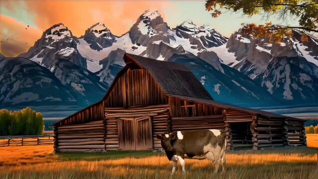 Quaint barnyard scene featuring a rustic barn with a contented cow grazing nearby