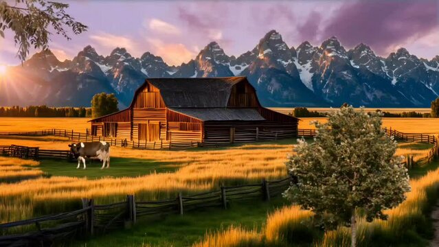 Barn with cow. Seamless looping time-lapse 4k video animation background