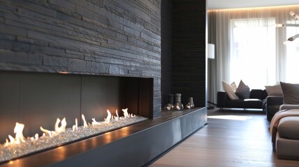 Naklejka premium A large rectangular fireplace stands tall against a wall of dark painted brick. The sleek design seamlessly blends into the modern living space while the glowing flames 2d flat cartoon.