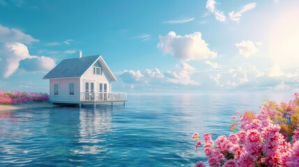  house with the sea and sunny day