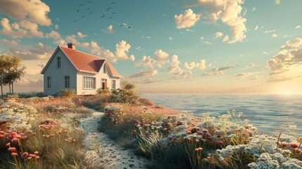  house with the sea and sunny day