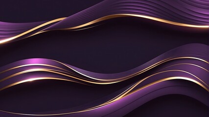 Luxurious 3D Purple Wave Lines with Glittering Pink-Gold Curved Decor and Sparkling Frame Illumination on Dark Gradient Background Abstract

