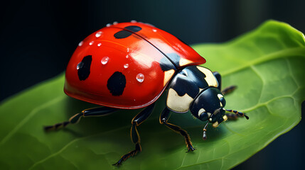 Ladybug with water droplets on leaf