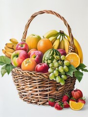 White background Basket filled with apples, peaches, muscat grapes, bananas, strawberries, melons, and oranges
